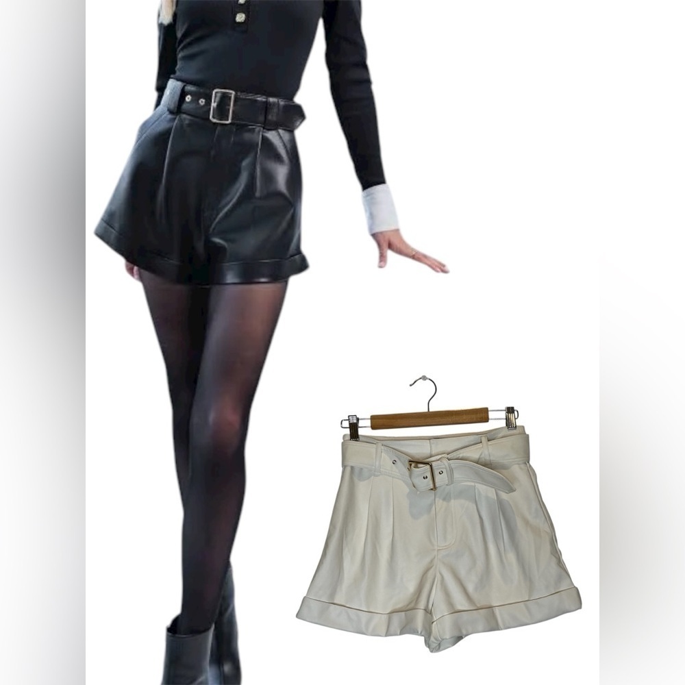 Generation Love Joyce Vegan Leather High-Waisted Belted Shorts Creamy White XS